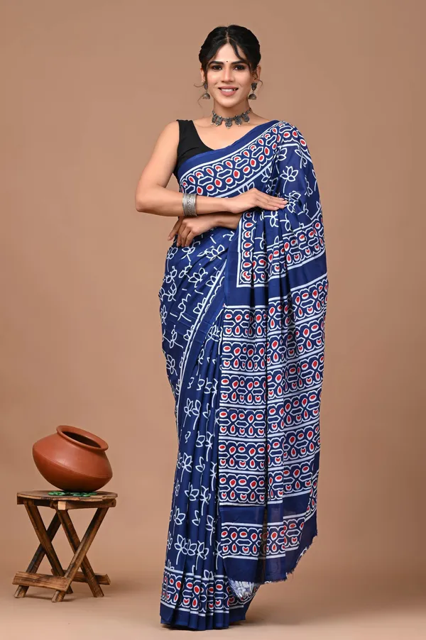 Navy_Blue_Pure_Cotton_Hand_Block_Printed_Saree_For_Women