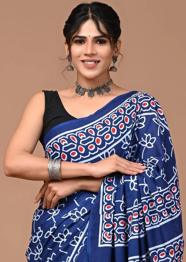 Navy_Blue_Pure_Cotton_Hand_Block_Printed_Saree_For_Women