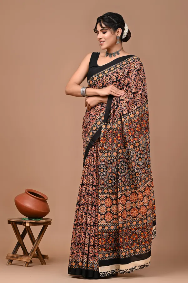 Brown_And_Black_Pure_Cotton_Hand_Block_Printed_Saree_For_Women