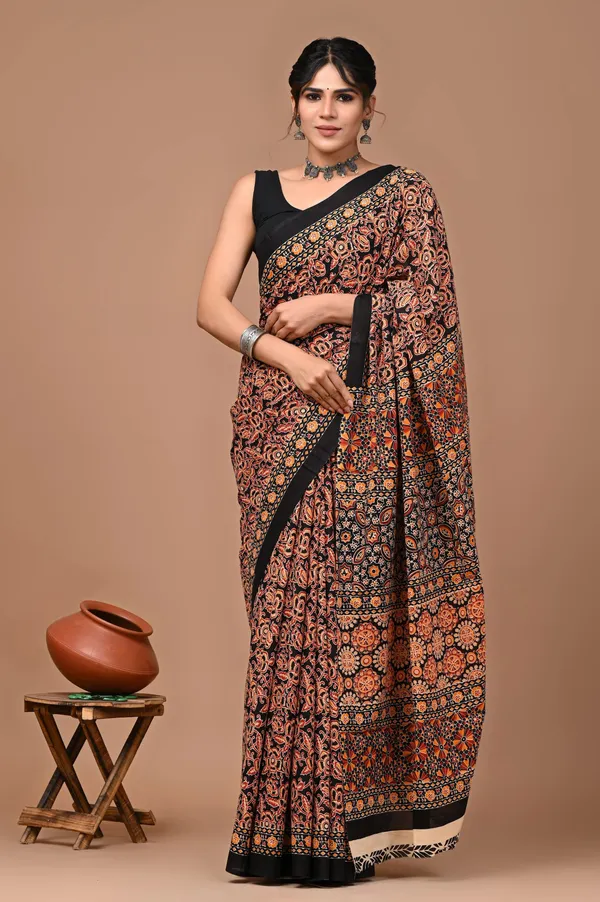 Brown_And_Black_Pure_Cotton_Hand_Block_Printed_Saree_For_Women