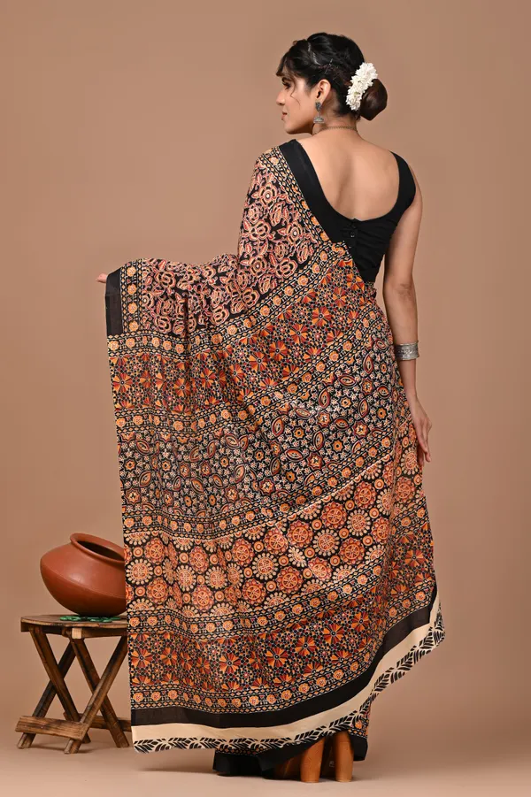 Brown_And_Black_Pure_Cotton_Hand_Block_Printed_Saree_For_Women