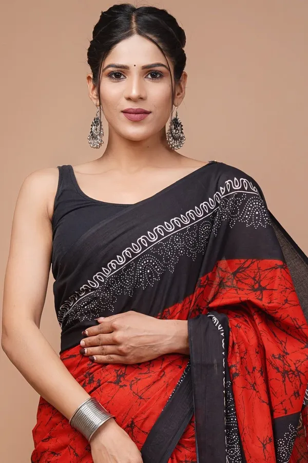 Red_And_Black_Pure_Cotton_Hand_Block_Printed_Saree_For_Women