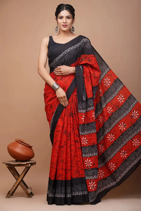 Red_And_Black_Pure_Cotton_Hand_Block_Printed_Saree_For_Women
