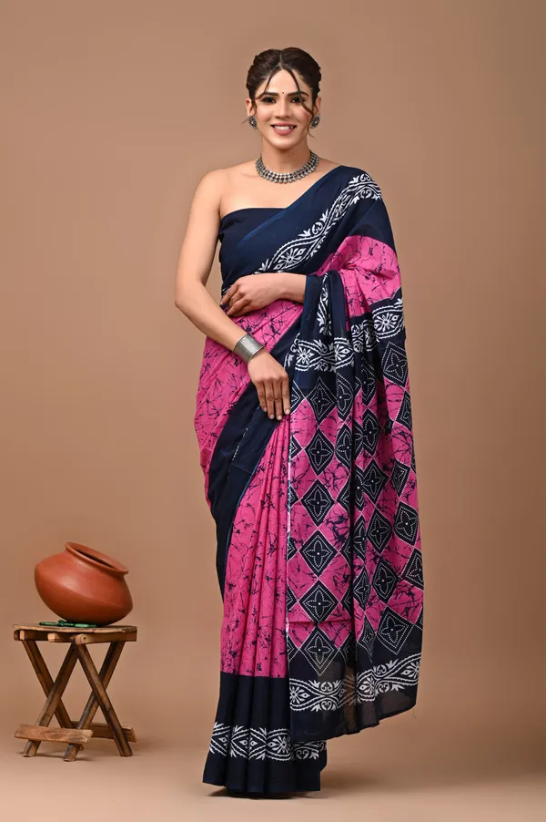 Navy_Blue_And_Pink_Pure_Cotton_Hand_Block_Printed_Saree_For_Women