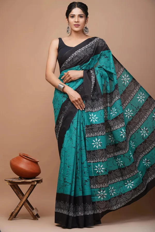 Green_And_Black_Pure_Cotton_Hand_Block_Printed_Saree_For_Women