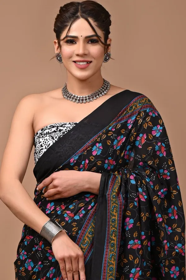 Black_Pure_Cotton_Hand_Block_Printed_Saree_For_Women