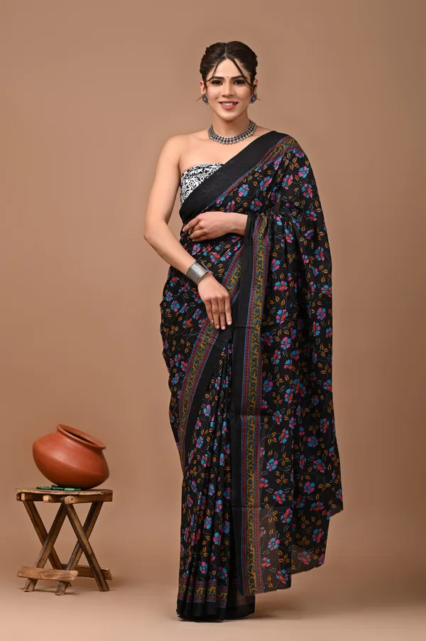 Black_Pure_Cotton_Hand_Block_Printed_Saree_For_Women