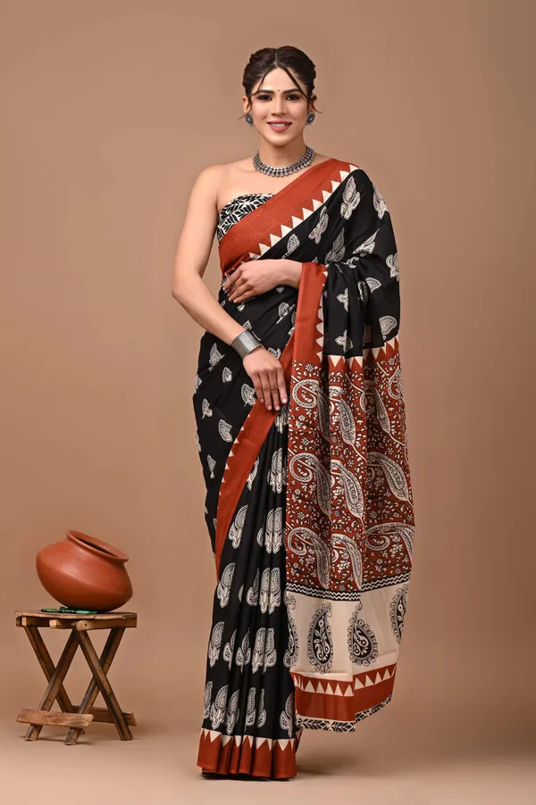 Black_And_Brown_Pure_Cotton_Hand_Block_Printed_Saree_For_Women