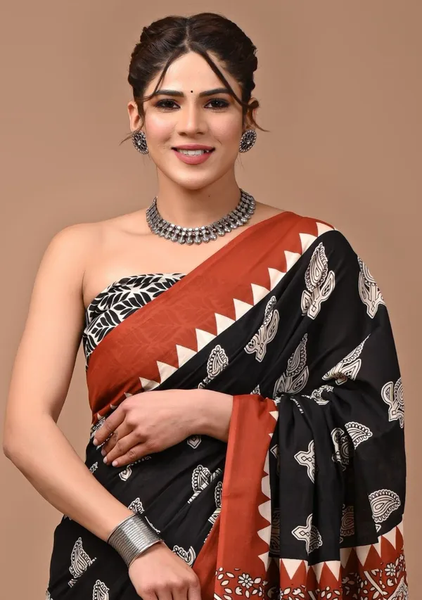 Black_And_Brown_Pure_Cotton_Hand_Block_Printed_Saree_For_Women