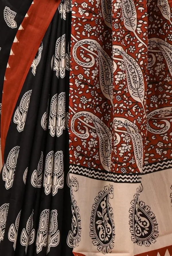Black_And_Brown_Pure_Cotton_Hand_Block_Printed_Saree_For_Women