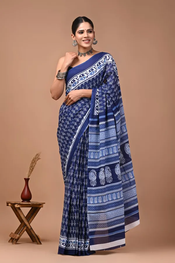 Blue_Pure_Cotton_Printed_Saree_For_Women
