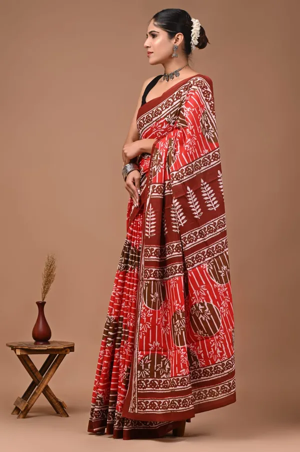 Orange_And_Brown_Pure_Cotton_Printed_Saree_For_Women