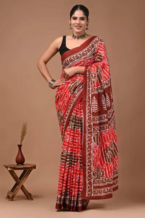 Orange_And_Brown_Pure_Cotton_Printed_Saree_For_Women