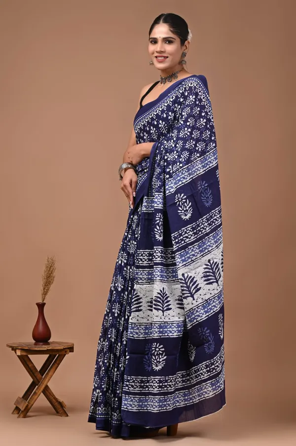 Dark_Blue_Pure_Cotton_Printed_Saree_For_Women