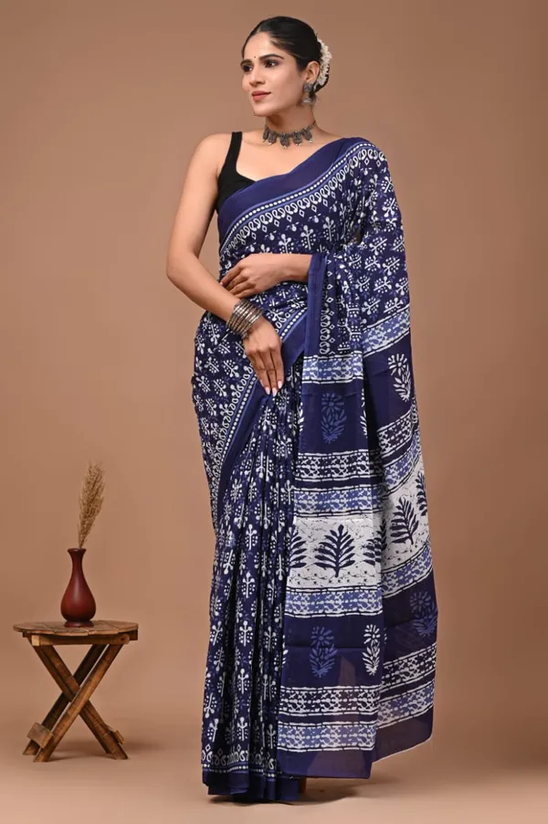 Dark_Blue_Pure_Cotton_Printed_Saree_For_Women
