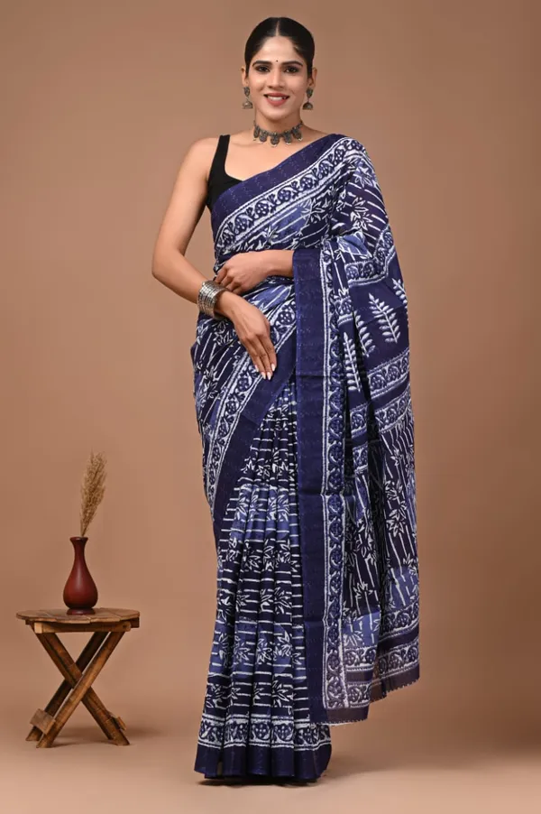 Dark_Blue_Pure_Cotton_Printed_Saree_For_Women