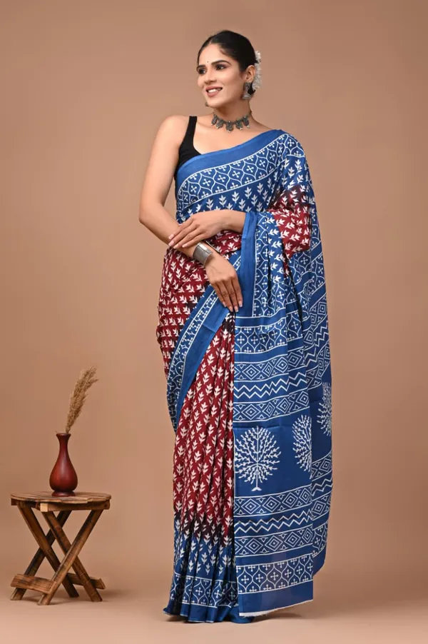 Blue_And_Maroon_Pure_Cotton_Printed_Saree_For_Women