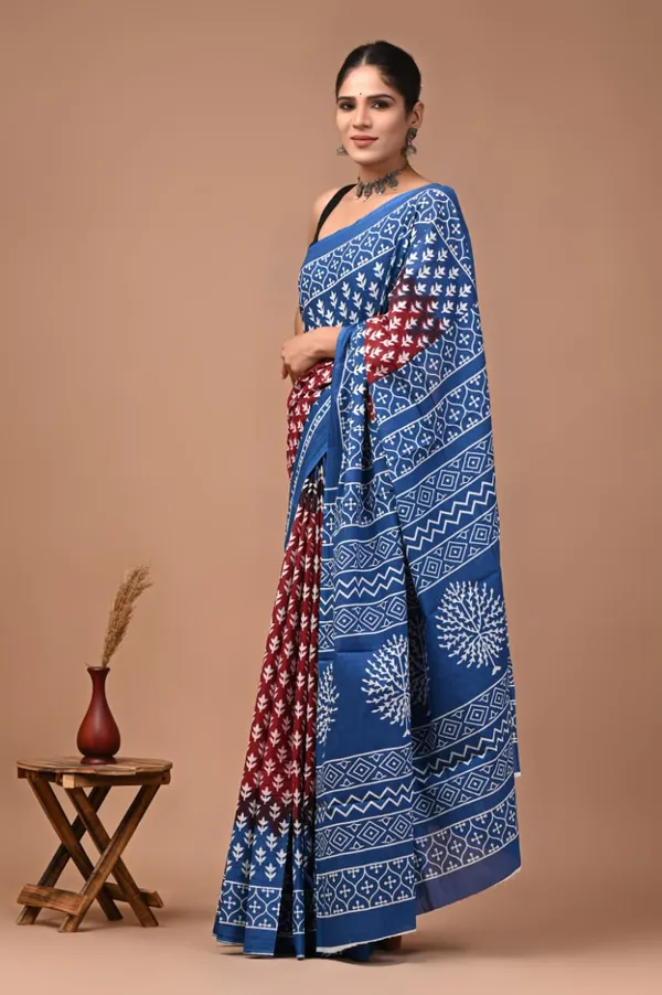 Blue_And_Maroon_Pure_Cotton_Printed_Saree_For_Women