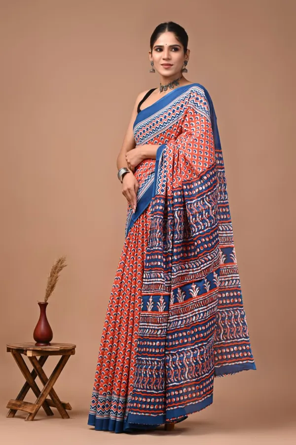 Orange_And_Blue_Pure_Cotton_Printed_Saree_For_Women