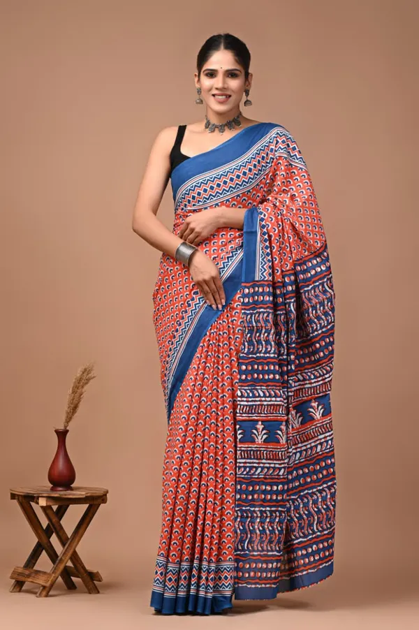 Orange_And_Blue_Pure_Cotton_Printed_Saree_For_Women