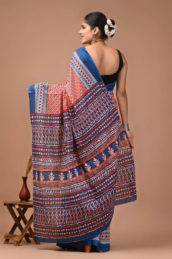 Orange_And_Blue_Pure_Cotton_Printed_Saree_For_Women