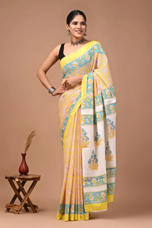 Yellow_And_White_Pure_Cotton_Printed_Saree_For_Women