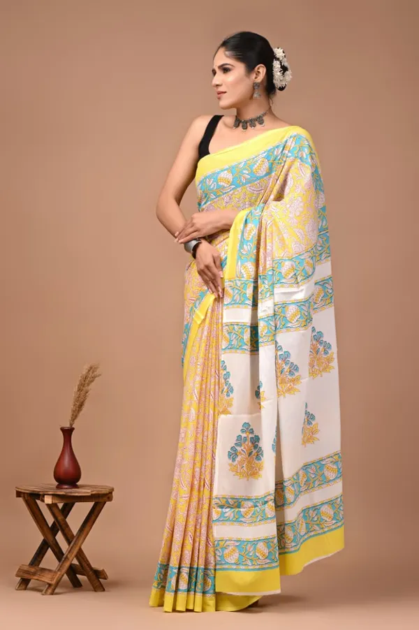 Yellow_And_White_Pure_Cotton_Printed_Saree_For_Women