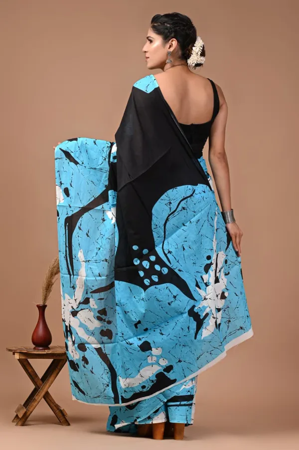 Light_Blue_And_Black_Pure_Cotton_Printed_Saree_For_Women