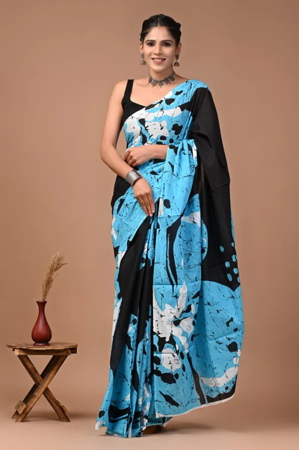 Light_Blue_And_Black_Pure_Cotton_Printed_Saree_For_Women