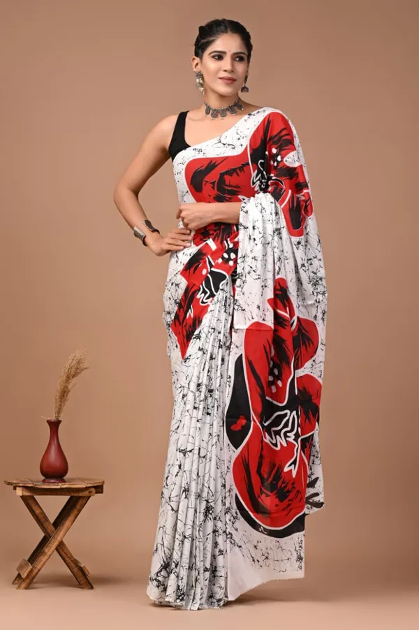 White_And_Maroon_Pure_Cotton_Printed_Saree_For_Women