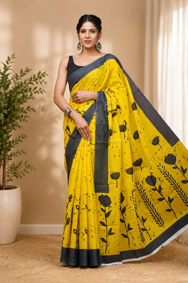 Yellow_And_Grey_Pure_Cotton_Hand_Block_Printed_Saree_For_Women
