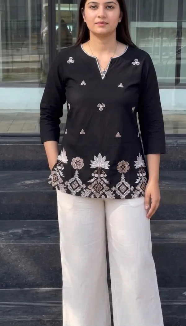 Women's_Classic_Jet_Black_Short_Kurti_with_White_Floral_Embroidery