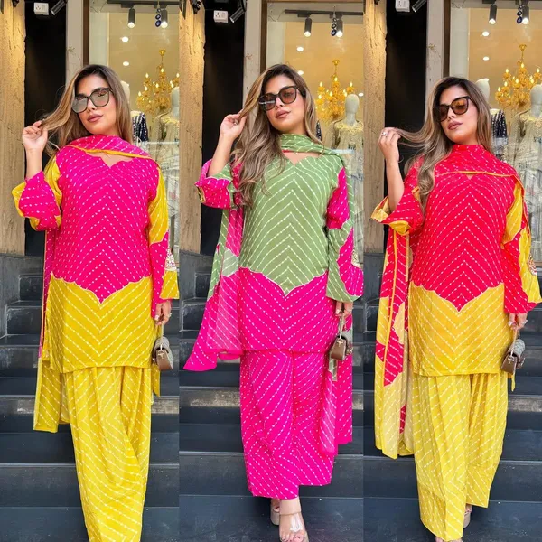 Green_&_Rani_Pink_Leheriya_Printed_Kurta_Set_with_Dupatta