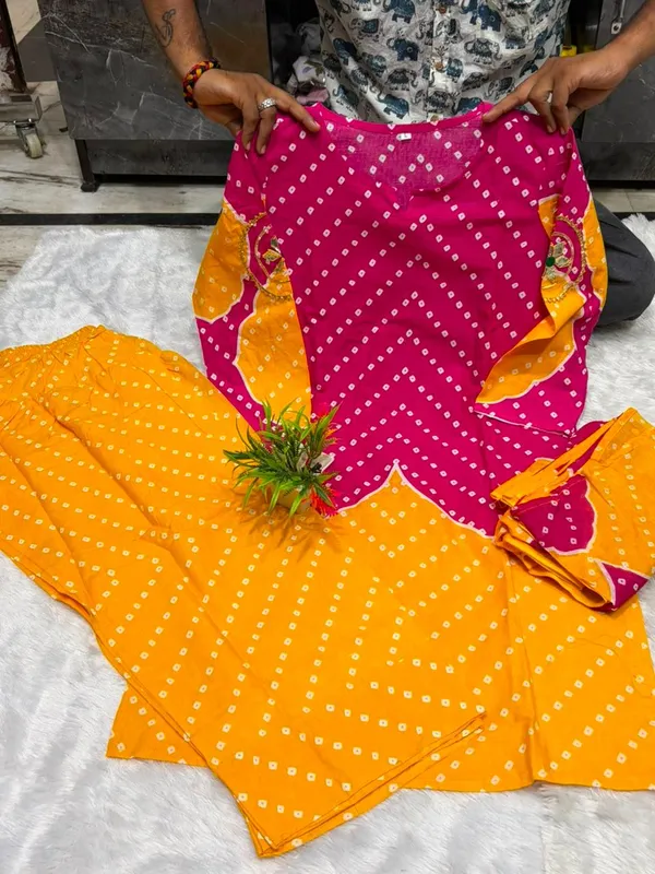 Rani_Pink_&_Bright_Yellow_Leheriya_Printed_Kurta_Palazzo_Set_with_Dupatta