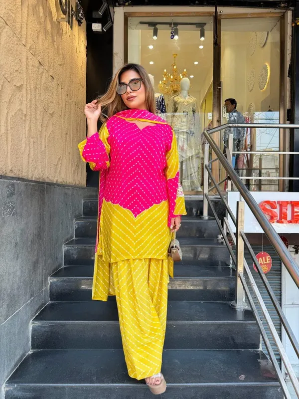 Rani_Pink_&_Bright_Yellow_Leheriya_Printed_Kurta_Palazzo_Set_with_Dupatta