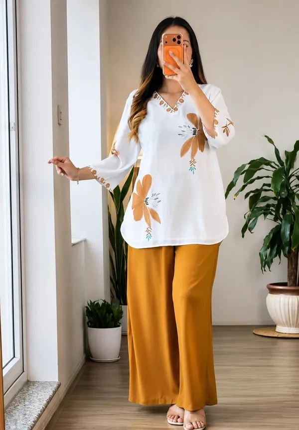 White_&_Mustard_Floral_Printed_V-Neck_Short_Tunic_Top