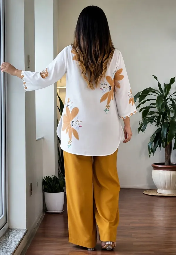 White_&_Mustard_Floral_Printed_V-Neck_Short_Tunic_Top