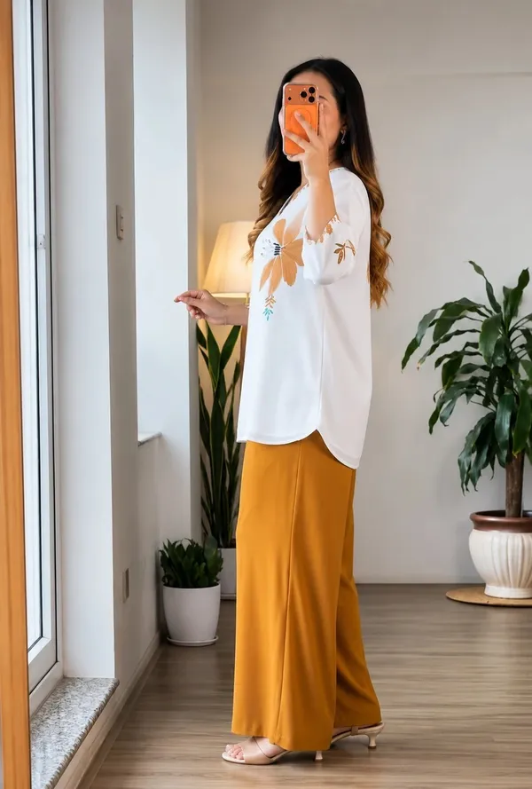 White_&_Mustard_Floral_Printed_V-Neck_Short_Tunic_Top
