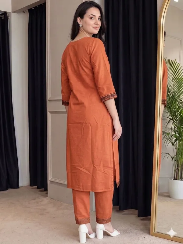 Women_Rust_Orange_Yoke_Embroidered_Straight_Kurta_with_Trousers