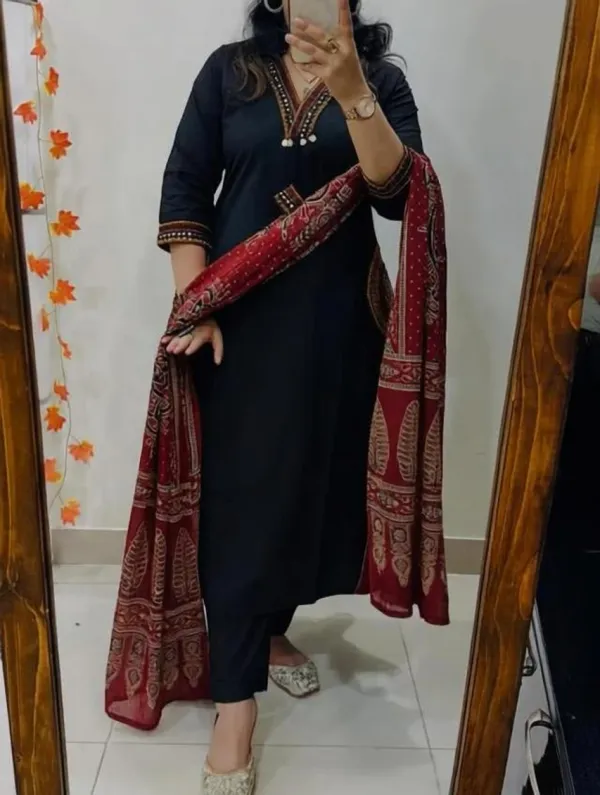 Women's_Black_Cotton_Embroidered_Kurta_Pant_Set_with_Printed_Dupatta