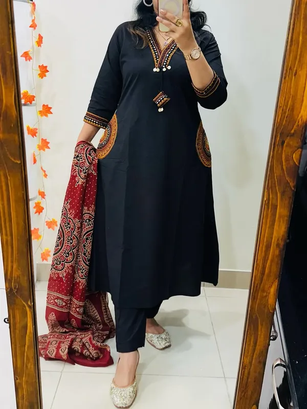 Women's_Black_Cotton_Embroidered_Kurta_Pant_Set_with_Printed_Dupatta