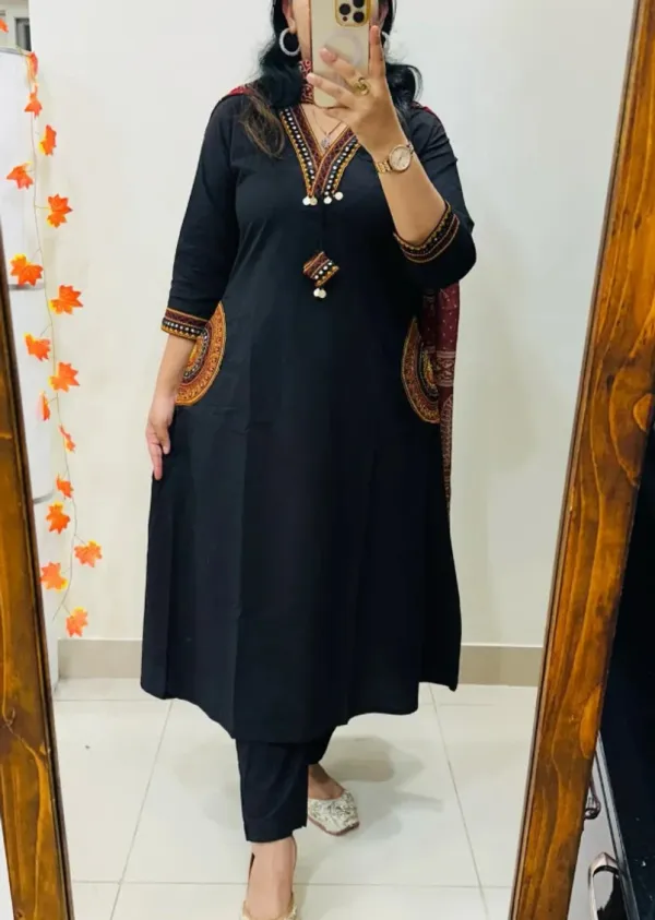 Women's_Black_Cotton_Embroidered_Kurta_Pant_Set_with_Printed_Dupatta