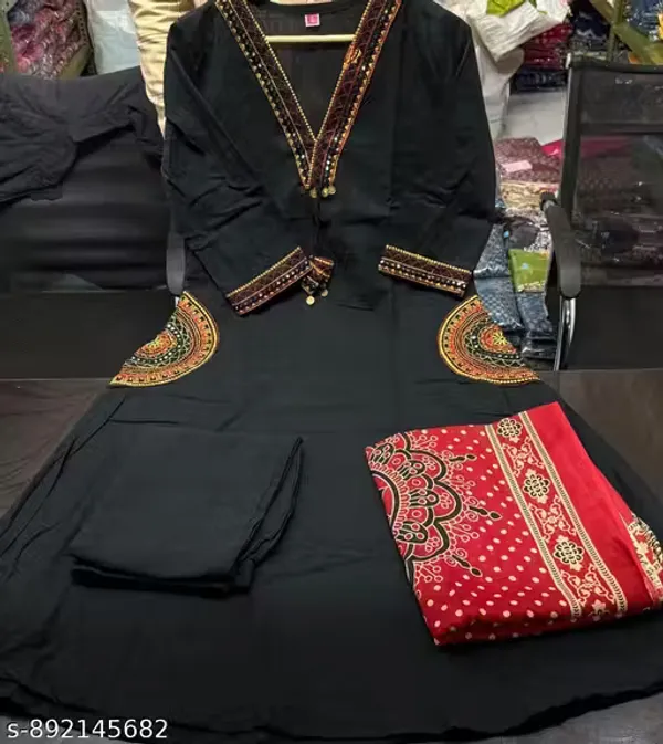Women's_Black_Cotton_Embroidered_Kurta_Pant_Set_with_Printed_Dupatta