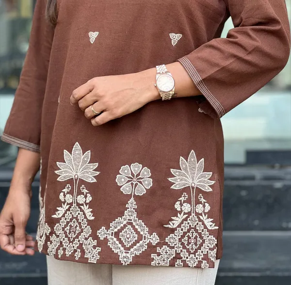 Women's_Chic_Chocolate_Brown_Short_Kurti_with_White_Floral_Embroidery