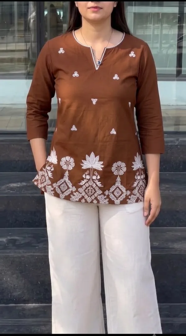 Women's_Chic_Chocolate_Brown_Short_Kurti_with_White_Floral_Embroidery