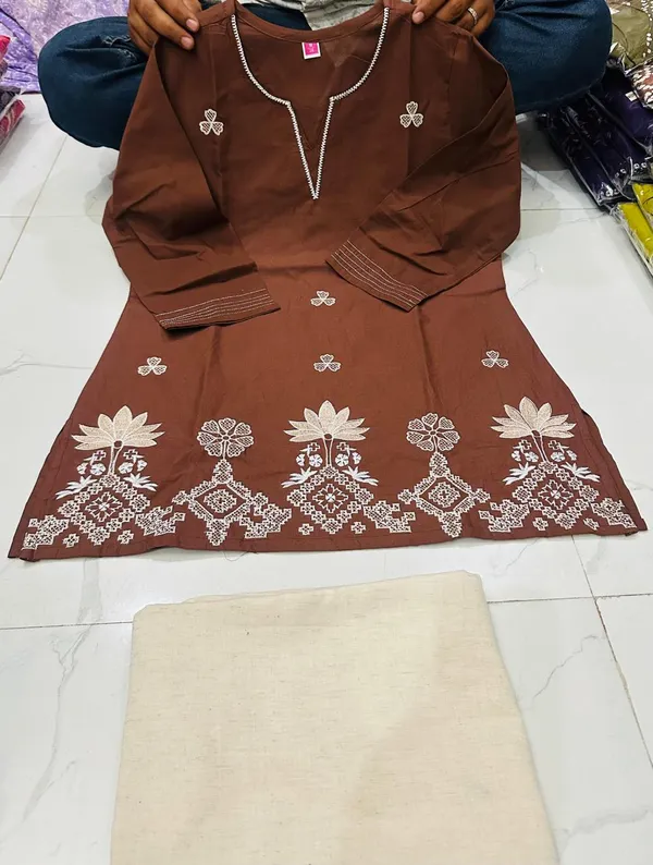 Women's_Chic_Chocolate_Brown_Short_Kurti_with_White_Floral_Embroidery