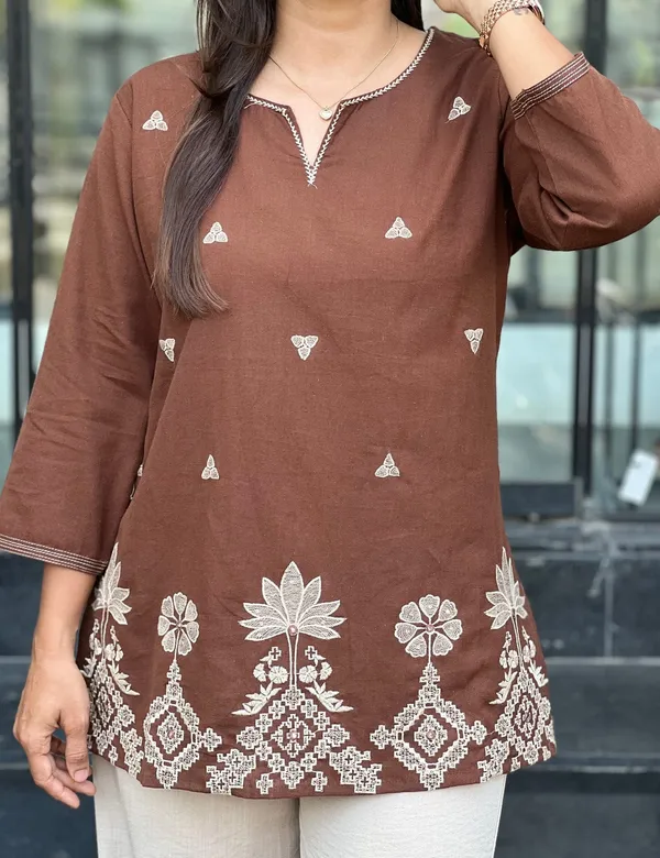 Women's_Chic_Chocolate_Brown_Short_Kurti_with_White_Floral_Embroidery