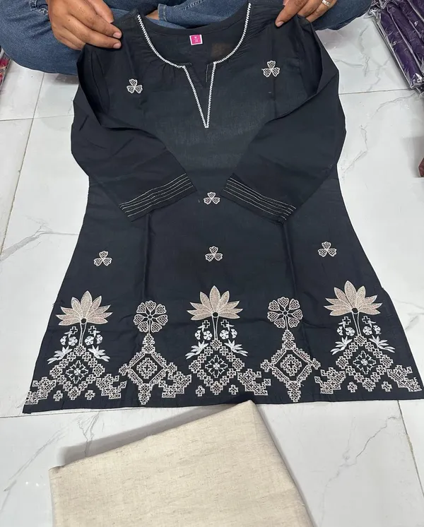 Women's_Classic_Jet_Black_Short_Kurti_with_White_Floral_Embroidery