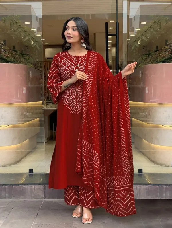 Women's_Deep_Red_Bandhani_Printed_Kurta_with_Pants_And_Dupatta_Set_3-Piece_Ethnic_Suit
