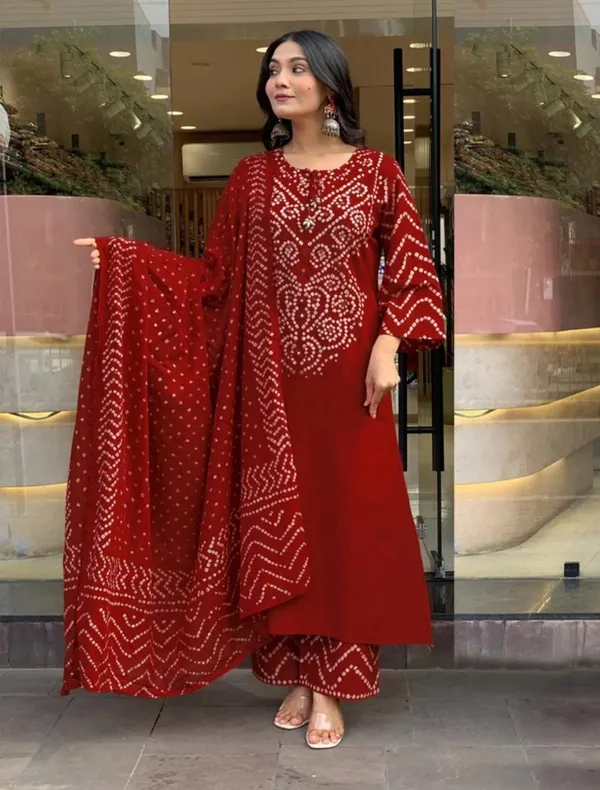Women's_Deep_Red_Bandhani_Printed_Kurta_with_Pants_And_Dupatta_Set_3-Piece_Ethnic_Suit